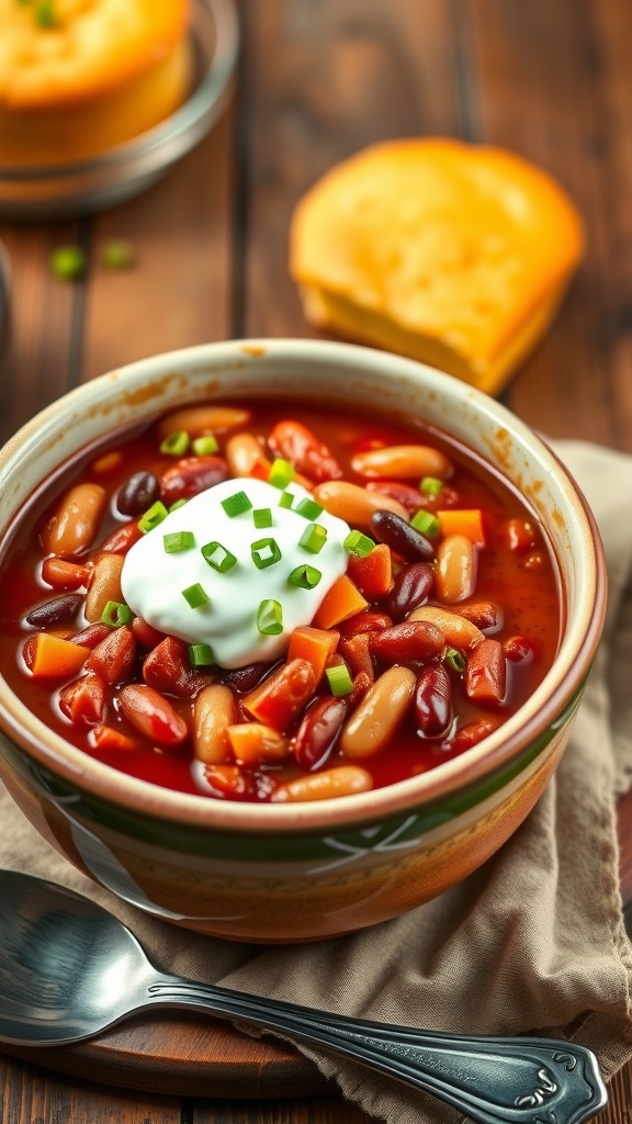 A bowl of 5-bean chili with sour cream and green onions, served with cornbread on a wooden table.